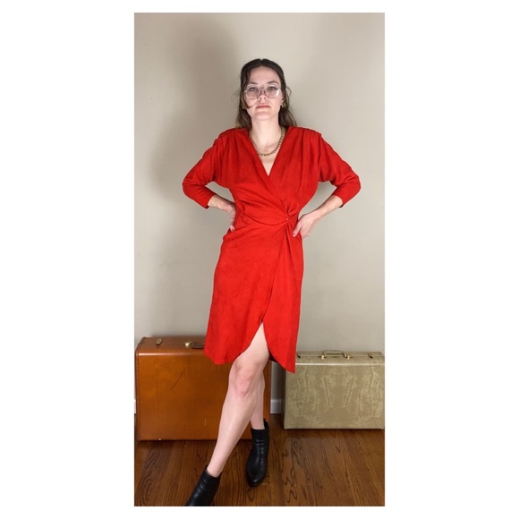 Vintage Suede Red Wrap Dress - Picture 1 of 10